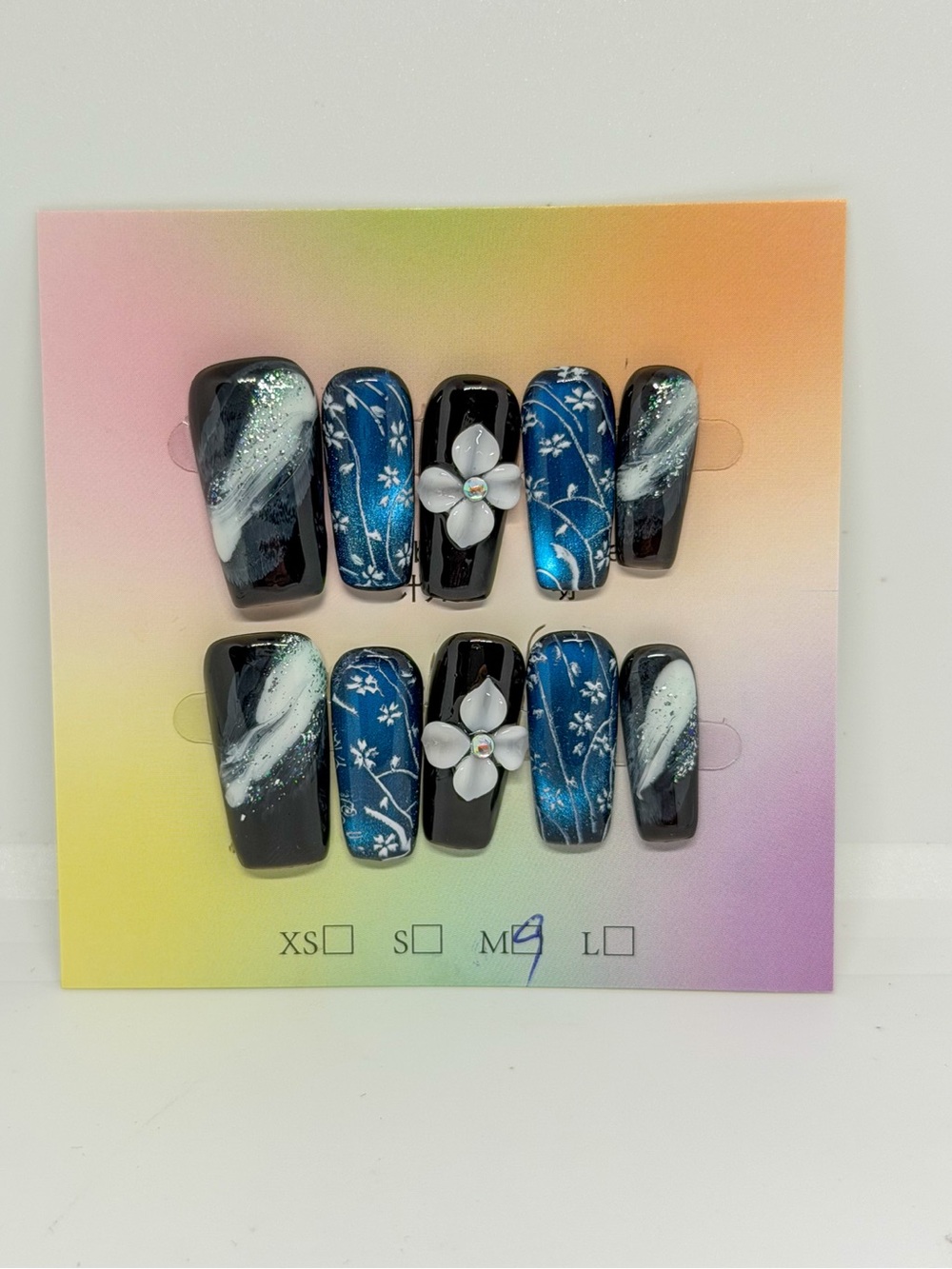 Press-On False Nails Set - Blue & Black Floral Design (Medium)